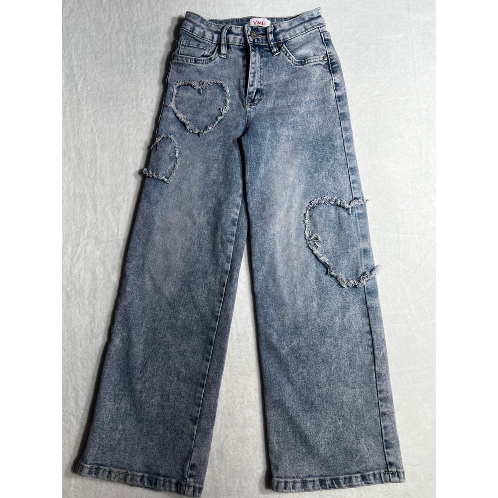 YMI Girl Kids Light Wash Wide Leg Heart Cutout Jeans Size 7 Acid Wash Denim